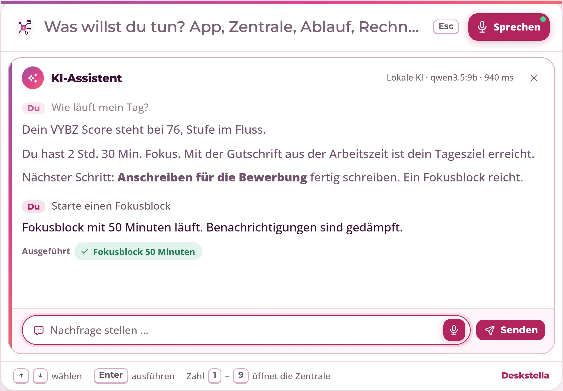 Befehlsfenster von Deskstella mit einer lokalen KI-Antwort zur Tagesbewertung und einer Fokusblock-Aktion