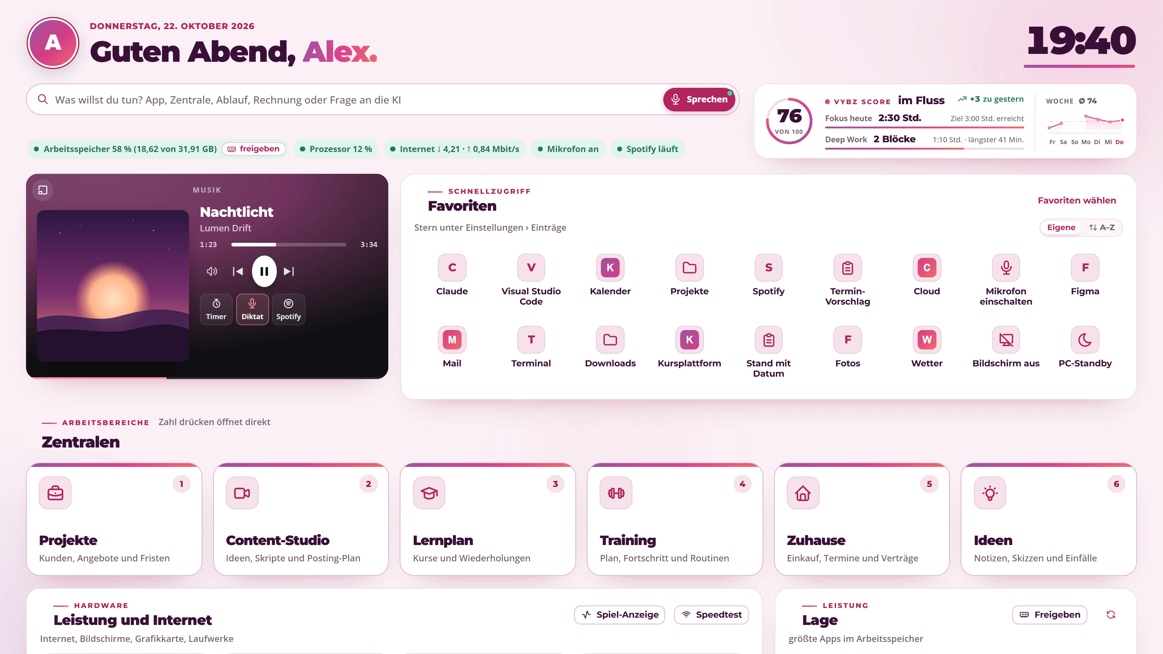 Deskstella-Startblatt mit Suche, Musik, Favoriten und Arbeitsbereichen für die Beispielperson Alex