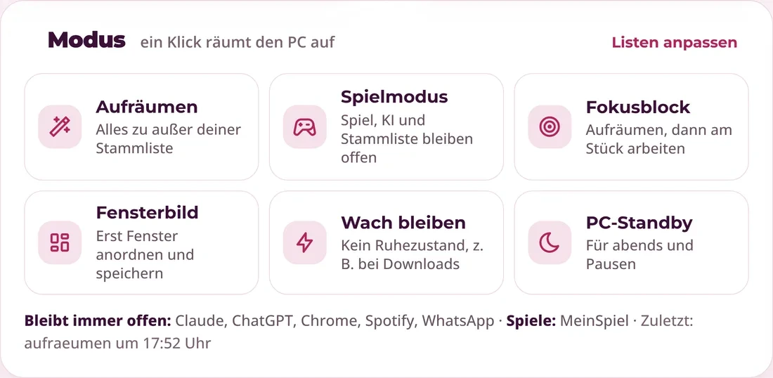 Baustein Modus mit Aufräumen, Spielmodus, Fokusblock, Fensterbild, Wach bleiben und PC-Standby