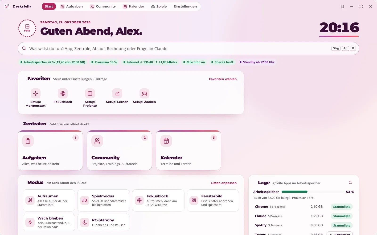 Startblatt von Deskstella im Glas-Stil: Gruß, Suche für alles auf dem PC, Statusleiste, Favoriten, Zentralen, Modus und Lage
